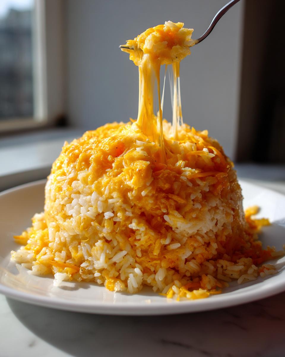 A mound of cheesy rice topped with melted cheddar cheese, with a fork lifting a bite showing long cheese pulls of cheesy rice.
