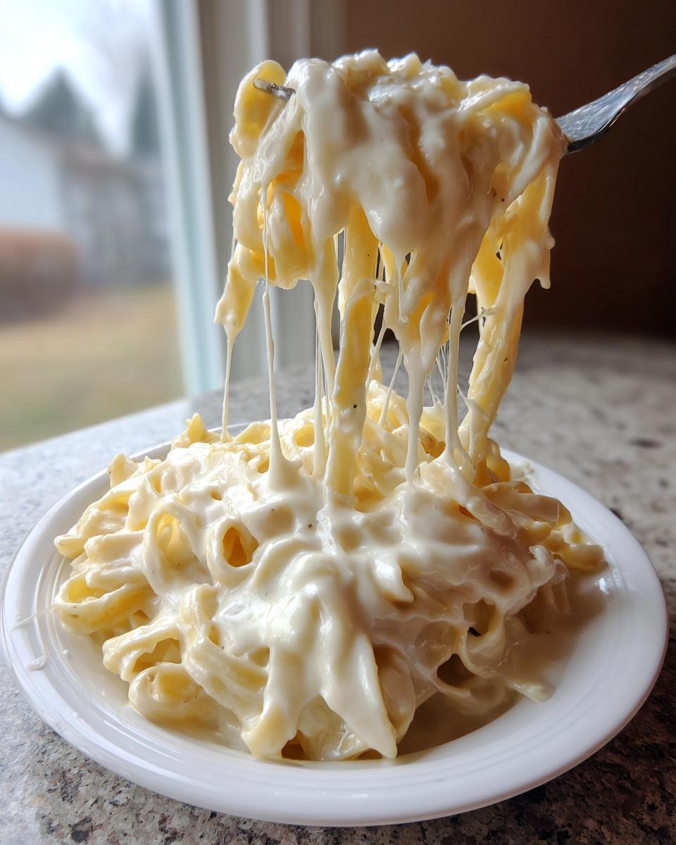 A fork lifts fettuccine pasta coated in thick, creamy Olive Garden Alfredo Sauce, showing extreme cheese stretch.
