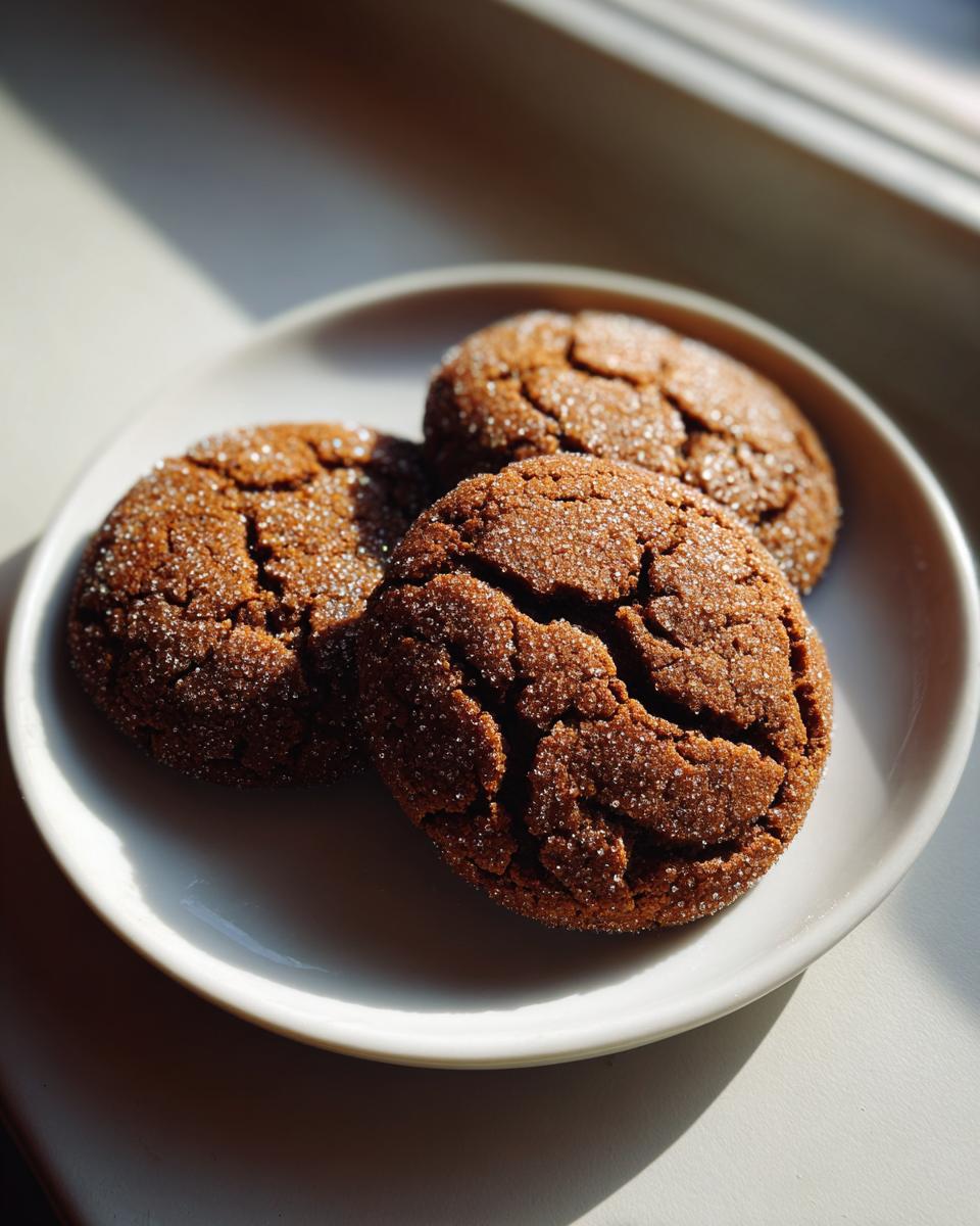 Three dark, crinkled ginger molasses cookies coated in sugar resting on a white plate near a window.