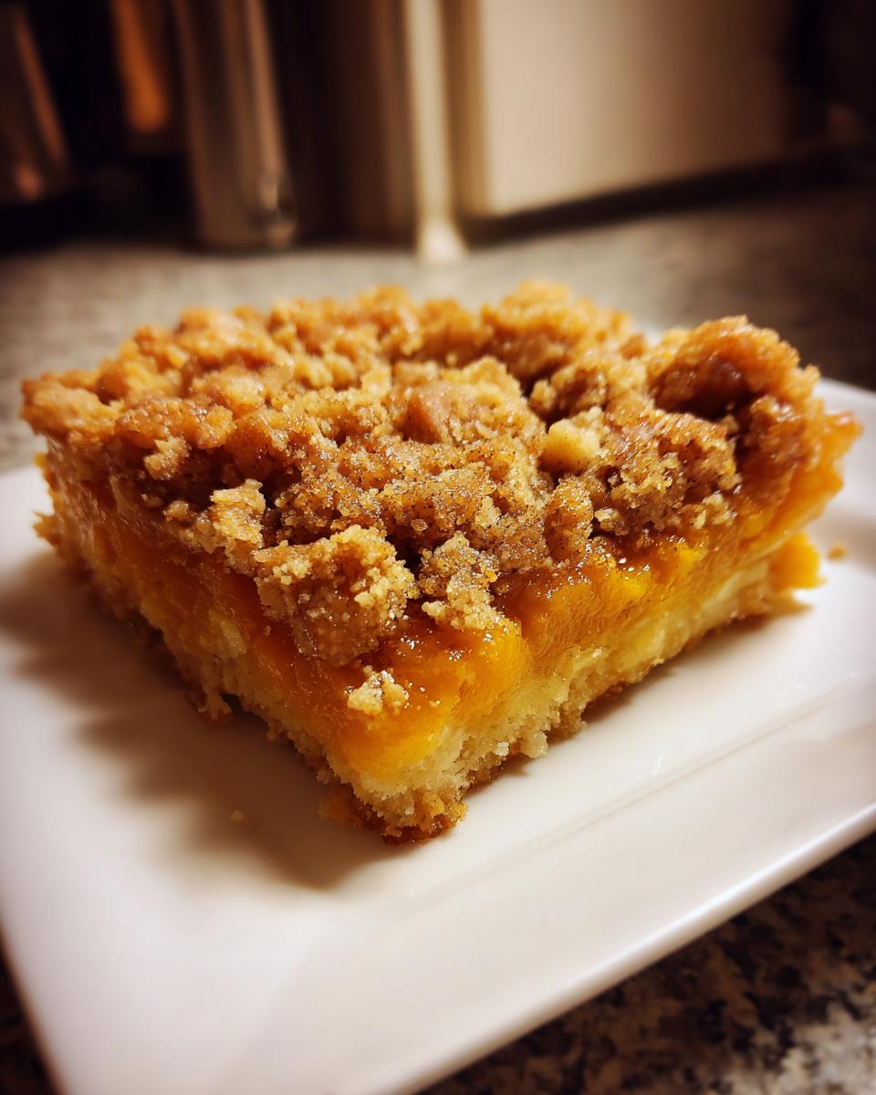 A square serving of sweet potato casserole bar featuring a rich orange filling and a thick, brown sugar crumble topping.