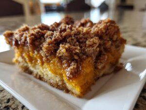Close-up of a moist slice of sweet potato casserole featuring a bright orange filling and a thick, crunchy pecan streusel topping.
