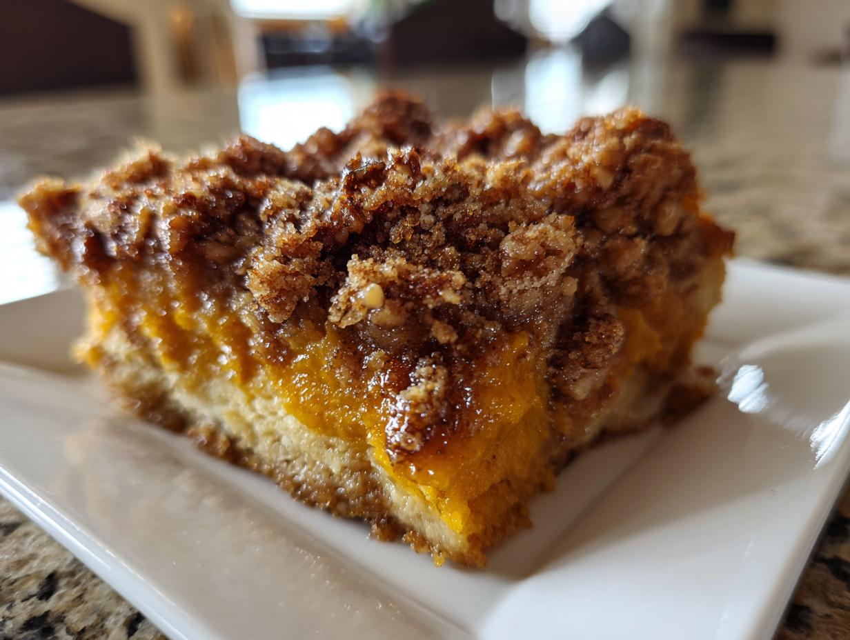 Close-up of a moist slice of sweet potato casserole featuring a bright orange filling and a thick, crunchy pecan streusel topping.