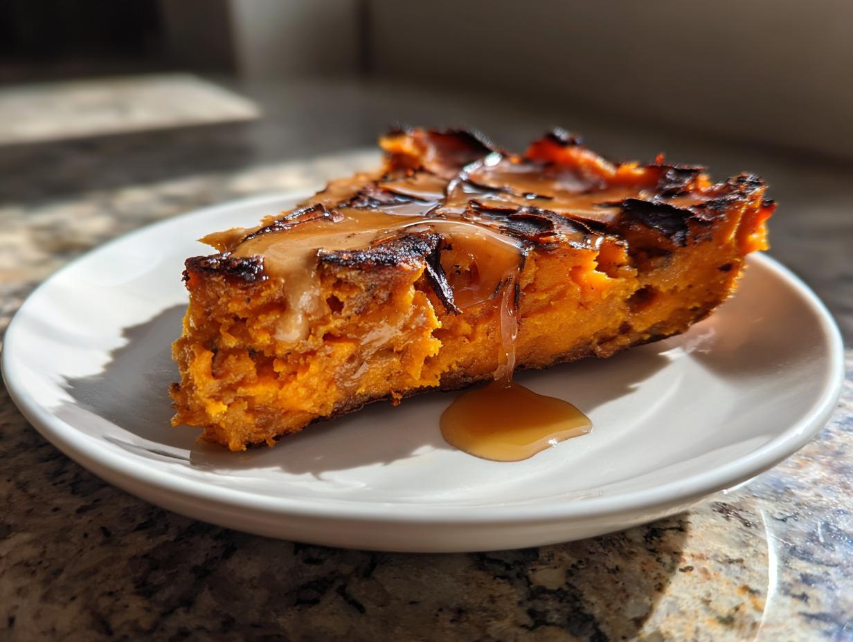 A thick slice of baked sweet potato toast topped with a rich caramel sauce, served on a white plate.