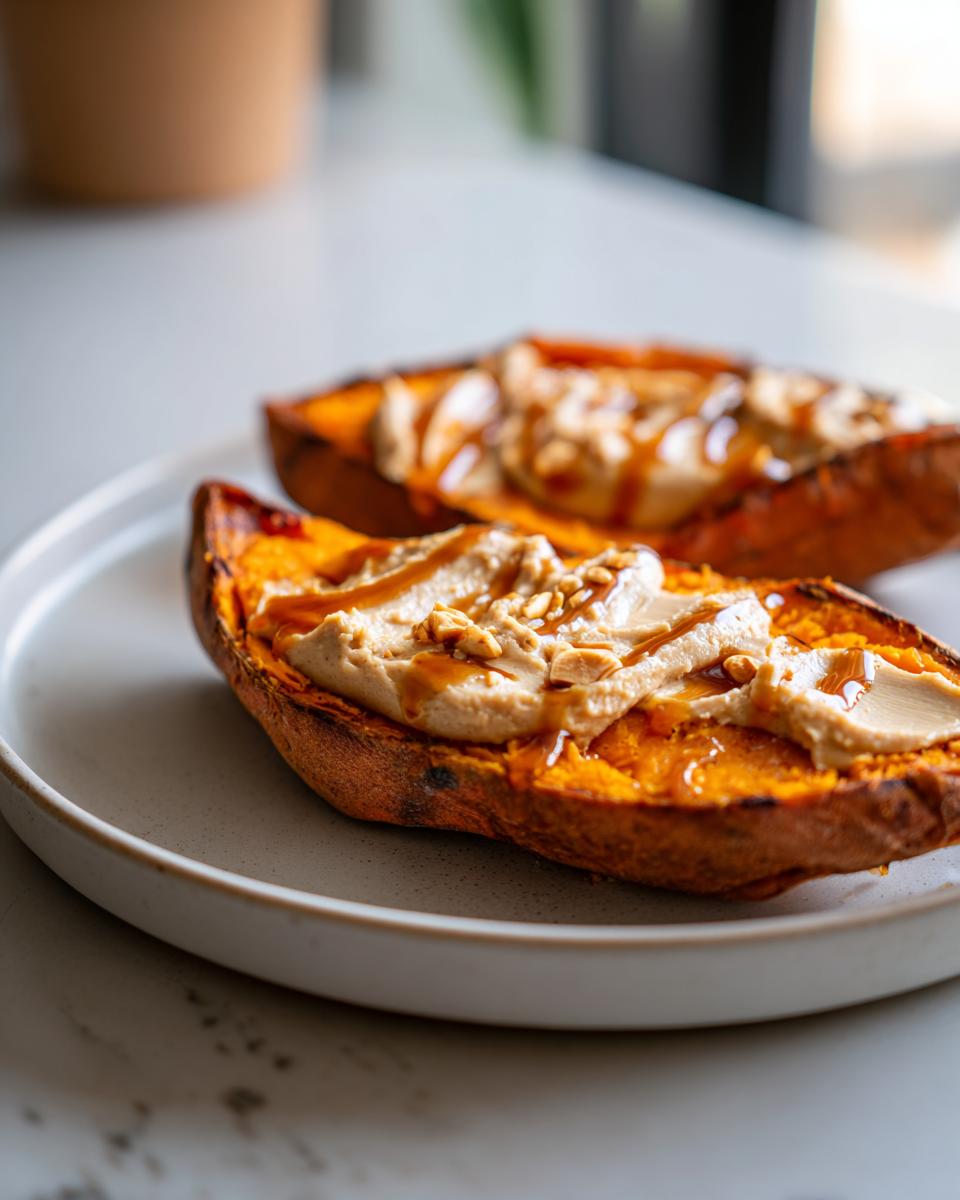 Two halves of baked sweet potato toast topped with creamy peanut butter, drizzled honey, and chopped nuts.