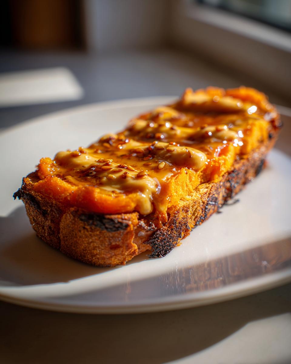 A slice of charred sweet potato toast topped with peanut butter, honey, and sesame seeds, catching sunlight.