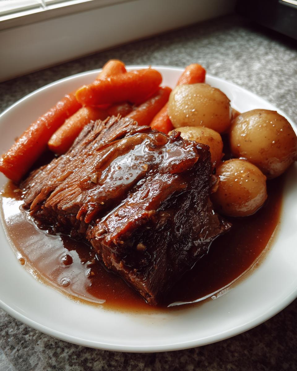 A serving of tender, shredded slow cooker pot roast smothered in rich gravy alongside baby potatoes and carrots.