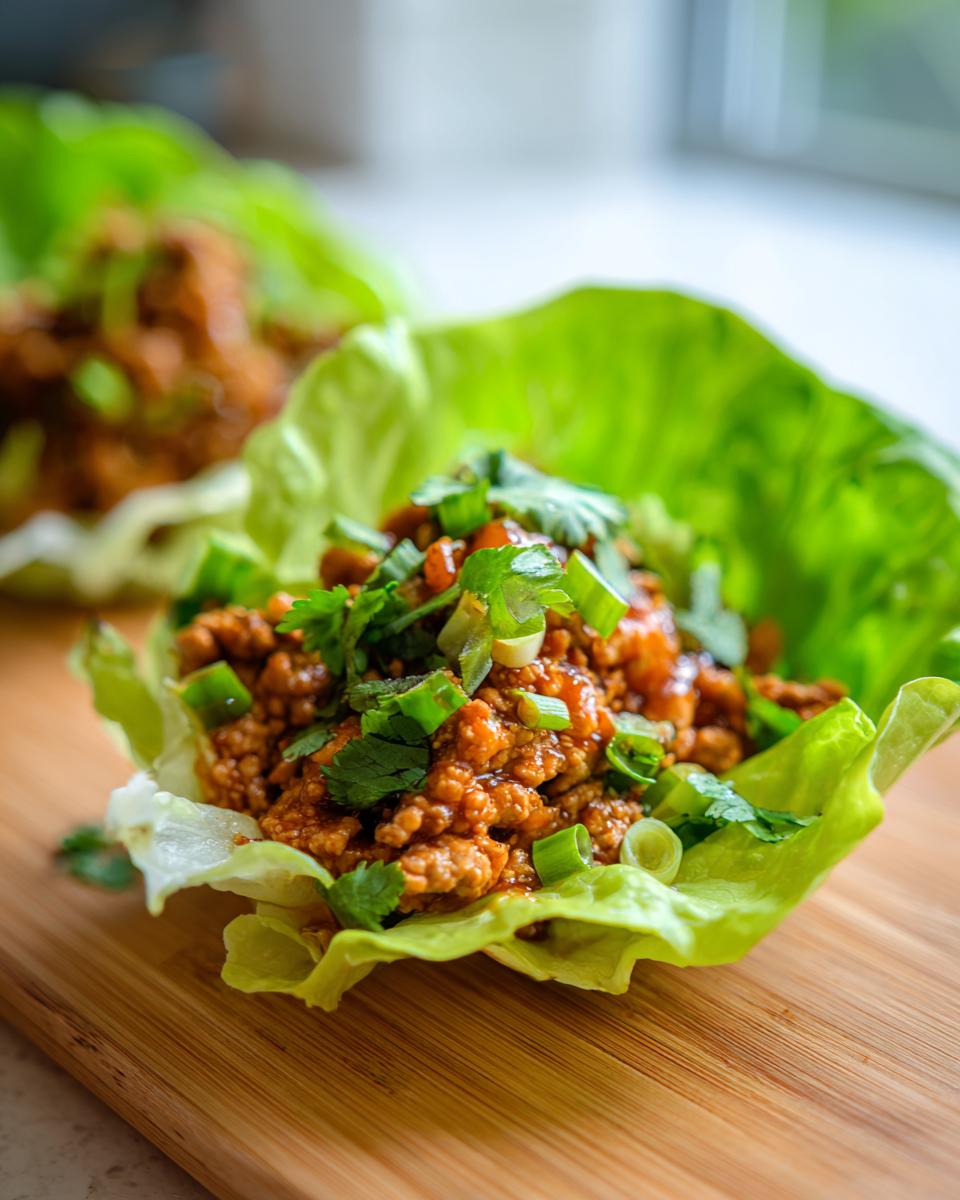 A close-up of delicious thai chicken lettuce wraps filled with savory ground chicken and topped with fresh green onions.