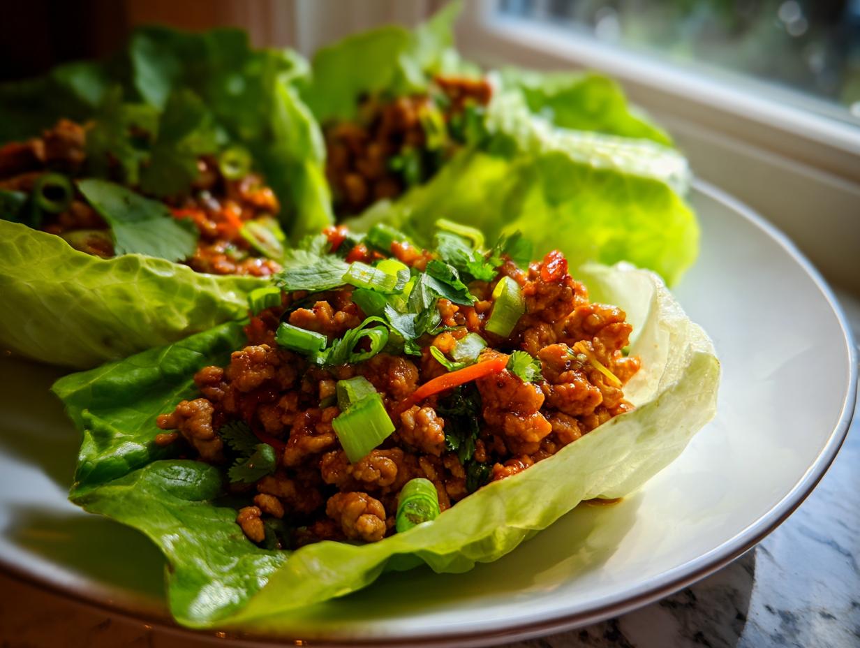 Close-up of fresh thai chicken lettuce wraps filled with savory ground chicken and topped with green onions.