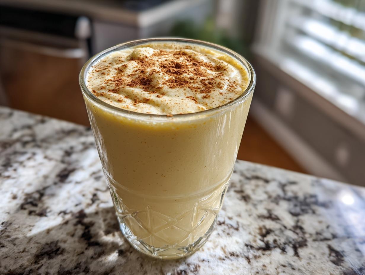 A thick, creamy banana smoothie in a textured glass, dusted with cinnamon on top.