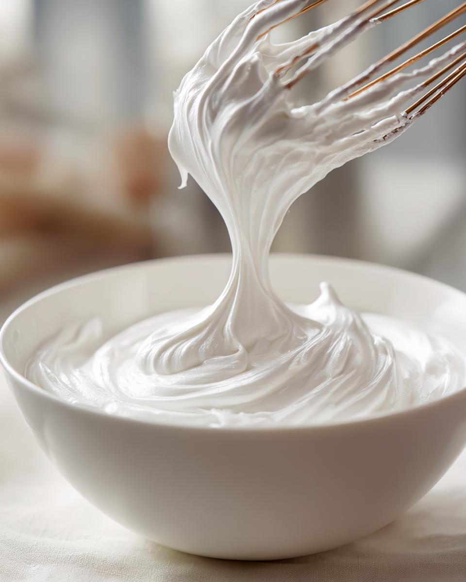 Close-up of thick, glossy white royal icing recipe being lifted from a white bowl by a whisk.