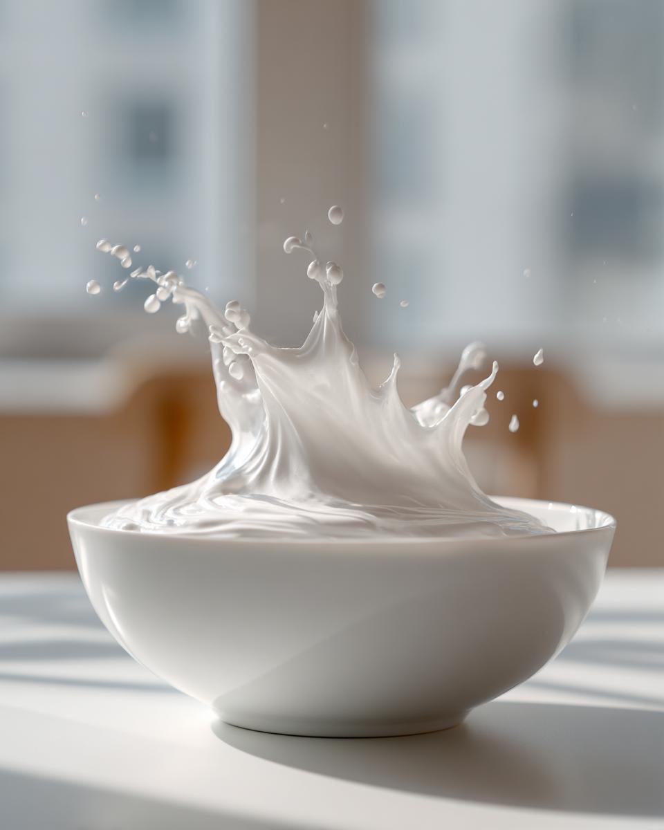 A dynamic splash of thick, white liquid, resembling meringue or thick batter, in a white bowl, suggestive of making royal icing recipe.
