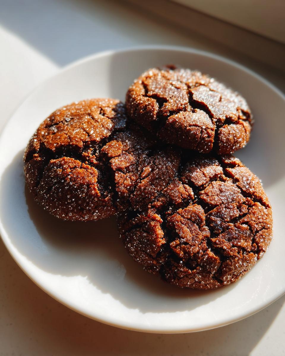 Three dark, crinkly ginger molasses cookies coated in sugar resting on a white plate near a window.