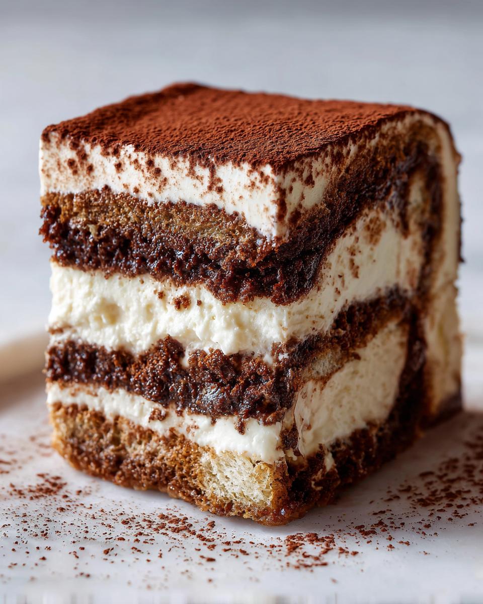 Close-up of a layered slice of tiramisu cheesecake dusted heavily with cocoa powder.