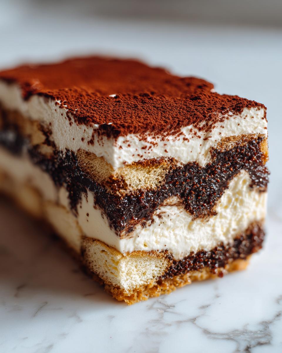 A decadent slice of tiramisu cheesecake showing layers of cream, coffee-soaked ladyfingers, and a dusting of cocoa powder.