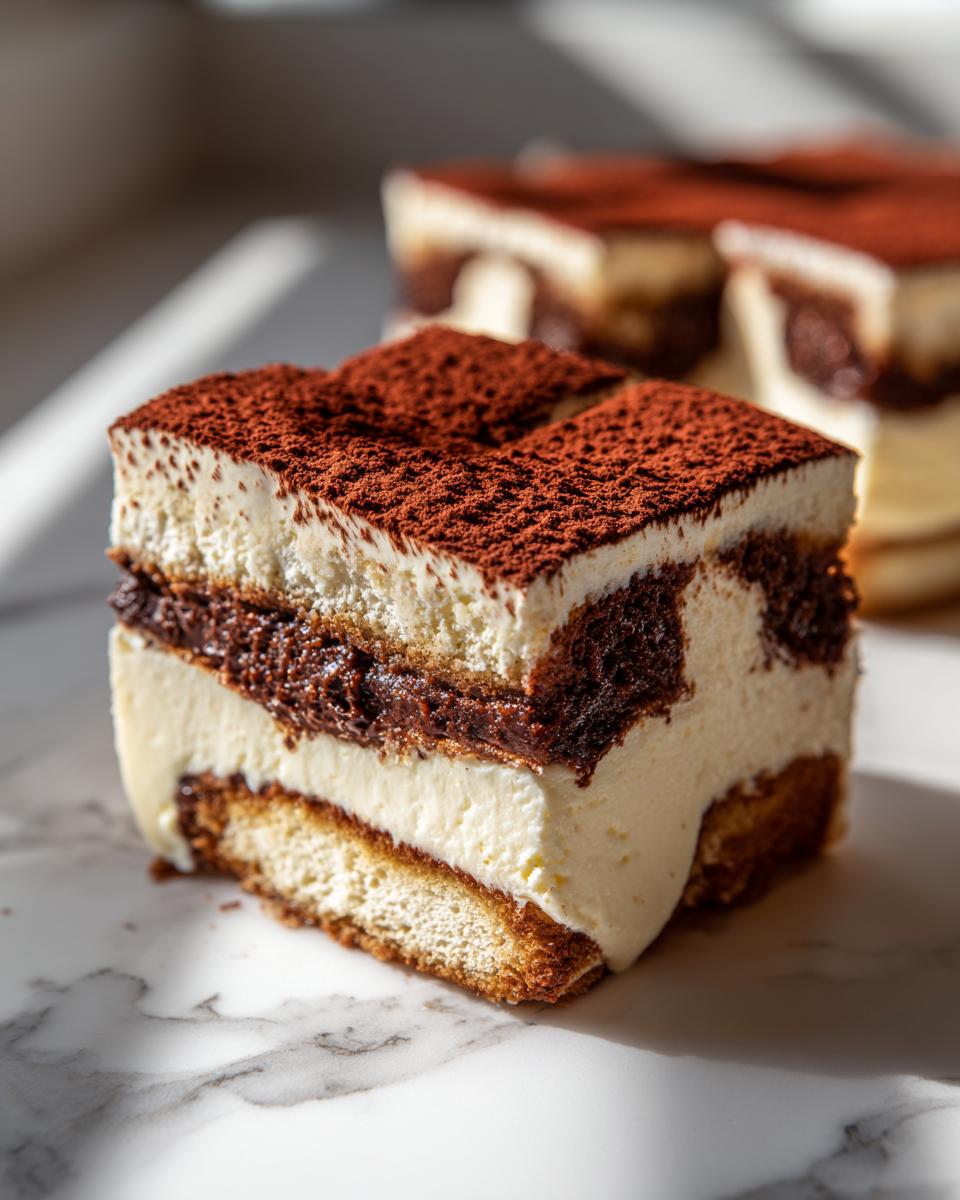 Close-up of a layered slice of tiramisu cheesecake, topped generously with cocoa powder.