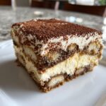 A perfect square slice of tiramisu cheesecake showing layers of cream, coffee-soaked ladyfingers, and a cocoa powder topping.