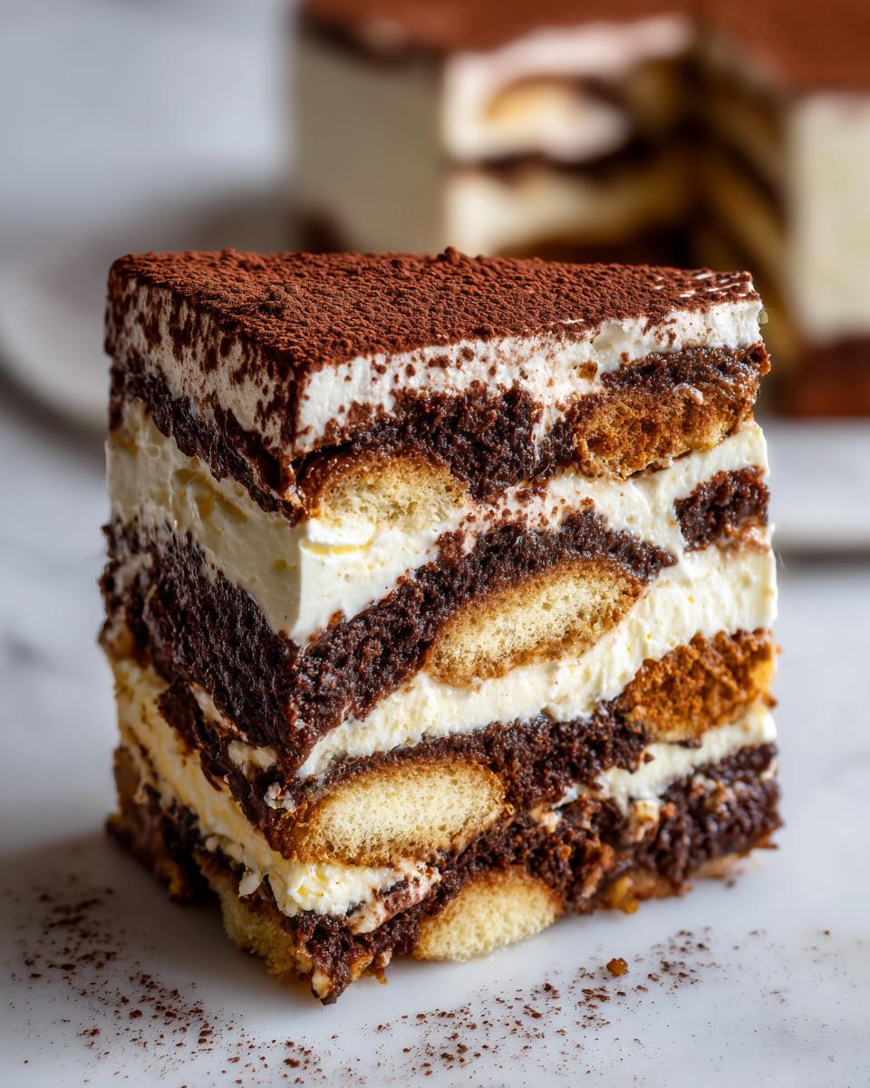 Close-up of a tall slice of tiramisu cheesecake showing layers of cream, coffee-soaked cake, and ladyfingers, dusted with cocoa.
