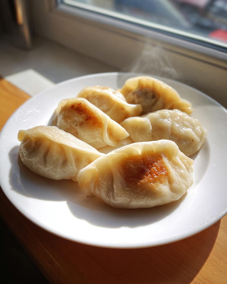 Five freshly cooked Traditional Chinese Dumplings, some pan-seared, steaming on a white plate near a window.