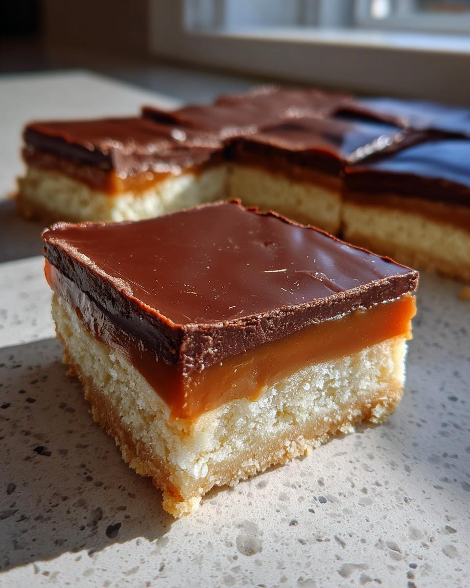A close-up of a single, perfectly layered twix cookie bar showing shortbread, caramel, and chocolate topping.