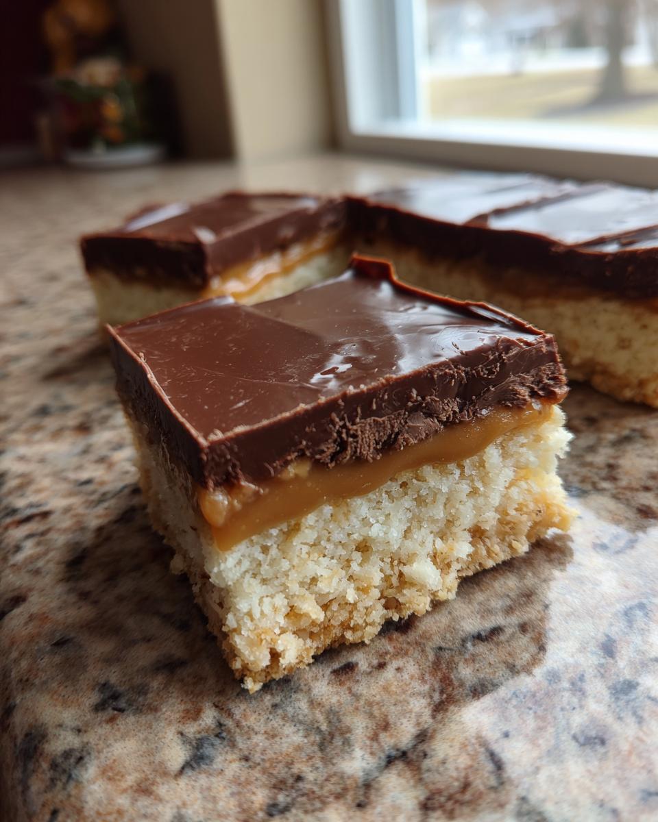 A close-up of a square twix cookie bar showing the shortbread base, caramel layer, and chocolate topping.