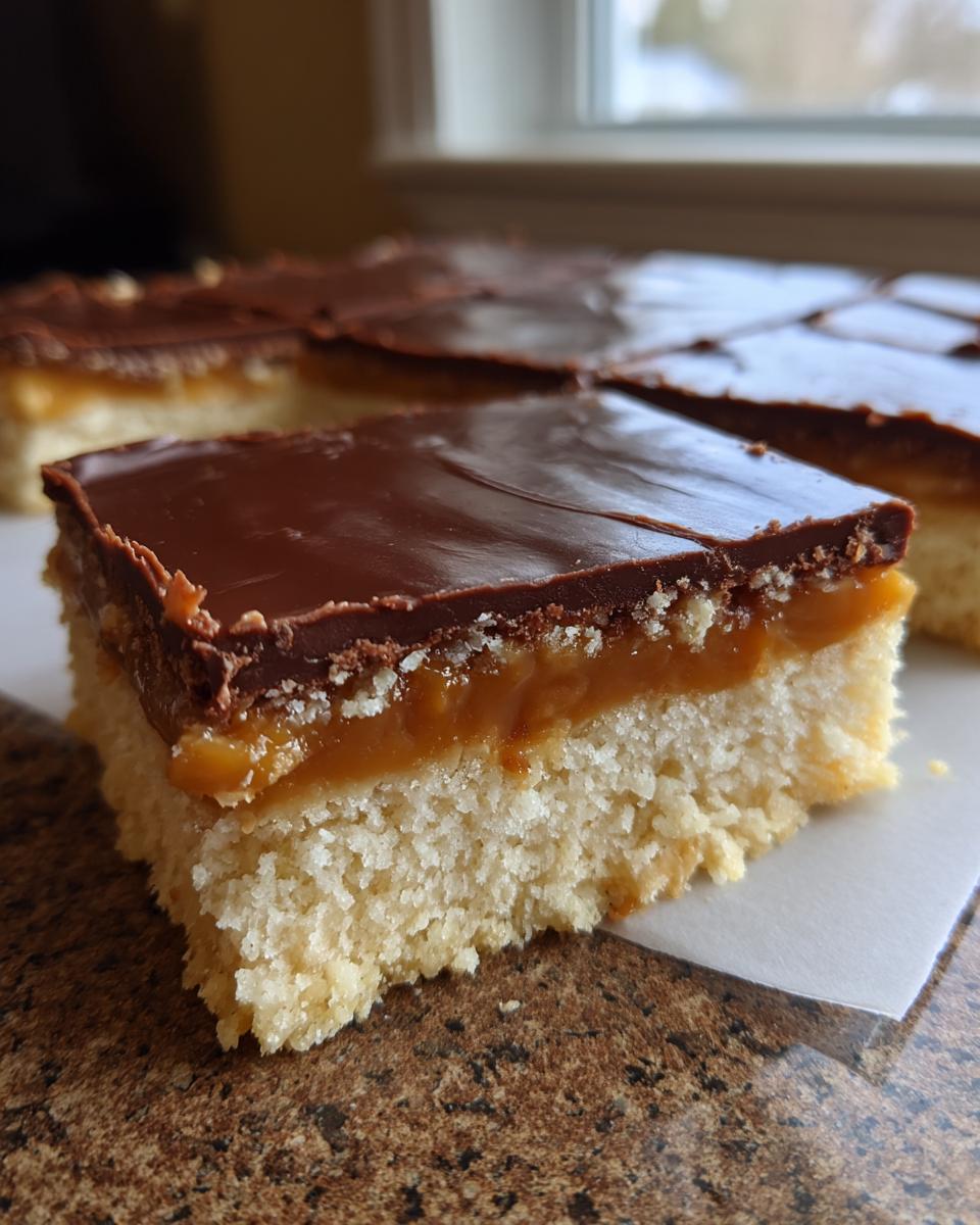A close-up of a single slice of twix cookie bars showing the shortbread base, thick caramel layer, and chocolate topping.