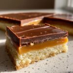 A close-up, cross-section view of a single twix cookie bar showing the shortbread base, thick caramel layer, and chocolate topping.