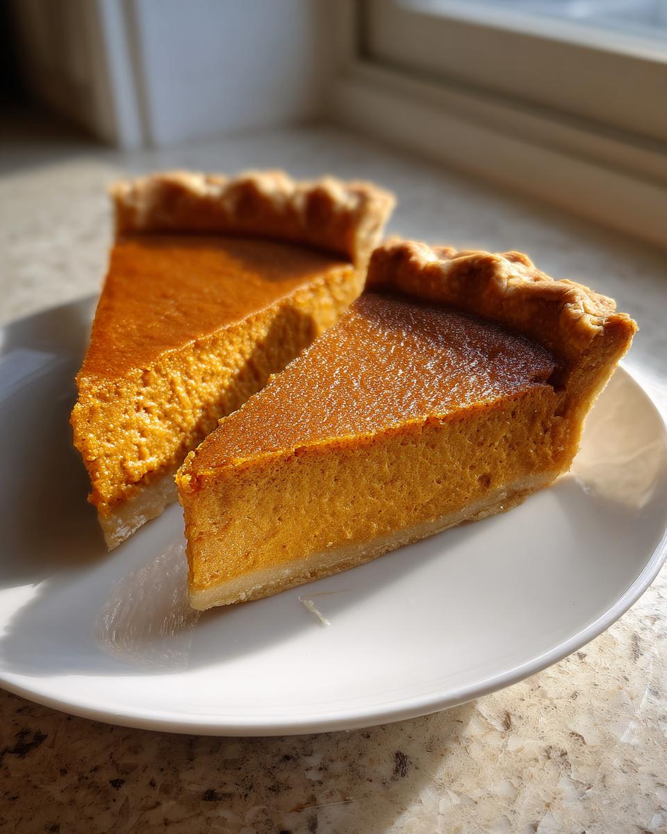 Two perfect slices of classic pumpkin pie recipe displayed on a white plate near a window.