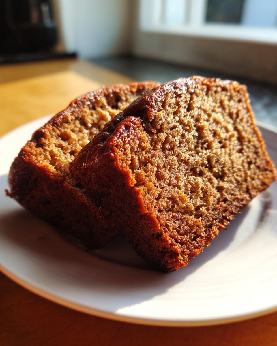 Two thick slices of moist, dark brown Protein banana bread resting on a white plate, highlighted by sunlight.