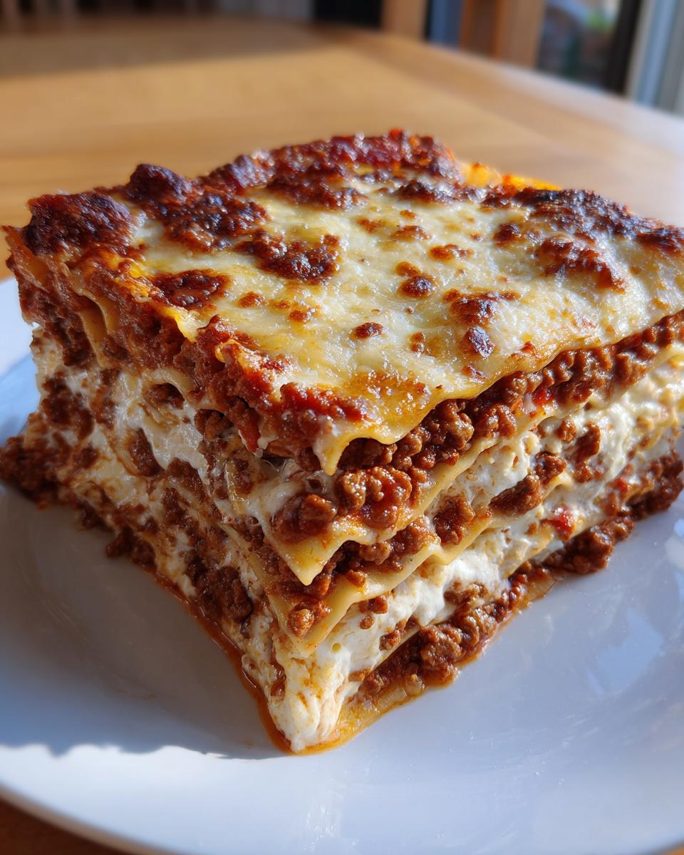 A thick, multi-layered slice of ultimate lasagna featuring rich meat sauce and creamy cheese filling, baked golden brown.