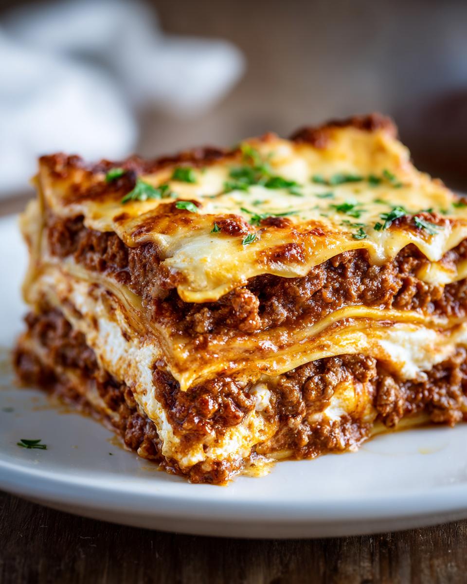Close-up of a thick, layered slice of ultimate lasagna featuring rich meat sauce and melted cheese.