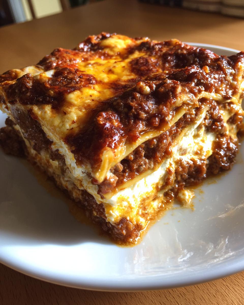 A close-up, appetizing slice of ultimate lasagna showing layers of pasta, creamy white cheese, and rich meat sauce.