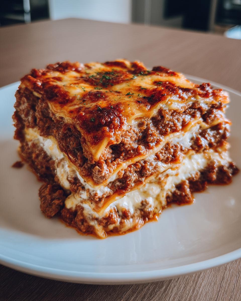 A thick, layered slice of ultimate lasagna featuring rich meat sauce and melted cheese, served on a white plate.