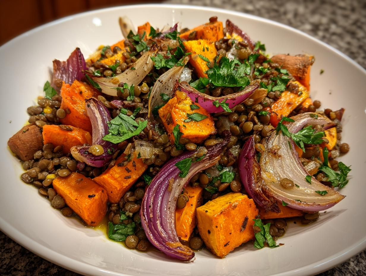 A close-up of a hearty veggie lentil salad featuring roasted sweet potatoes, red onions, and green lentils, garnished with parsley.