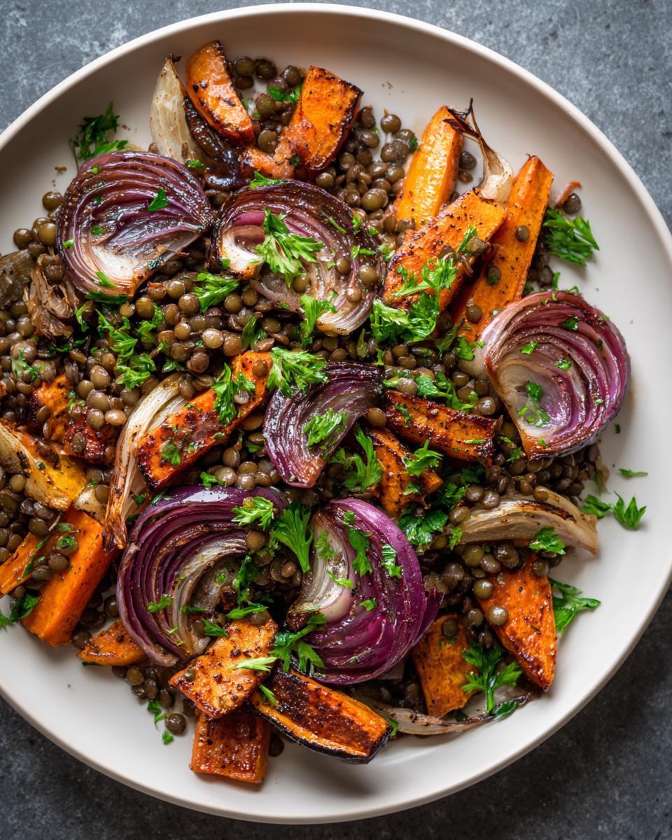 Overhead view of a hearty veggie lentil salad featuring roasted carrots, red onion wedges, and green lentils, topped with parsley.