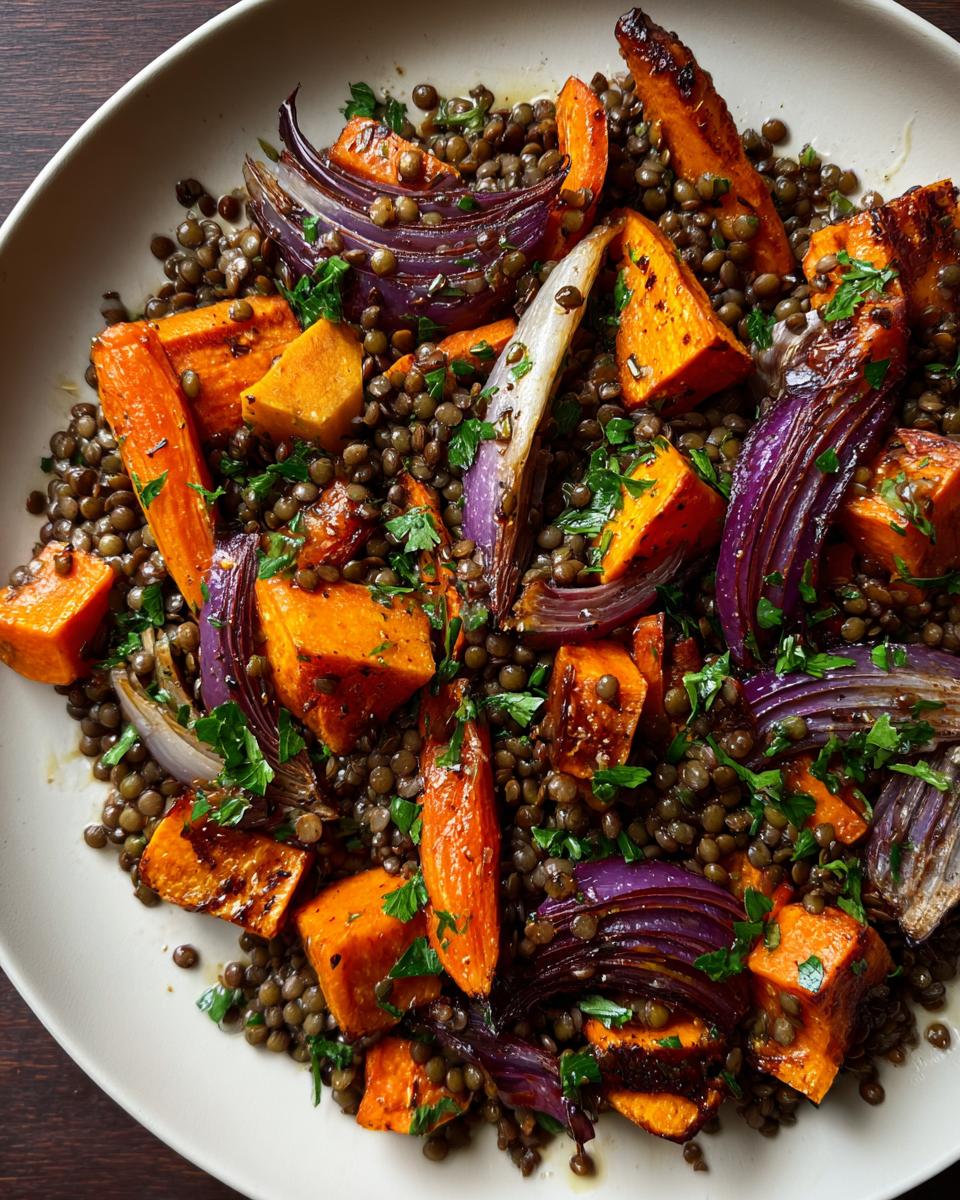 Close-up of a hearty veggie lentil salad featuring roasted sweet potatoes, red onions, and green lentils, garnished with parsley.