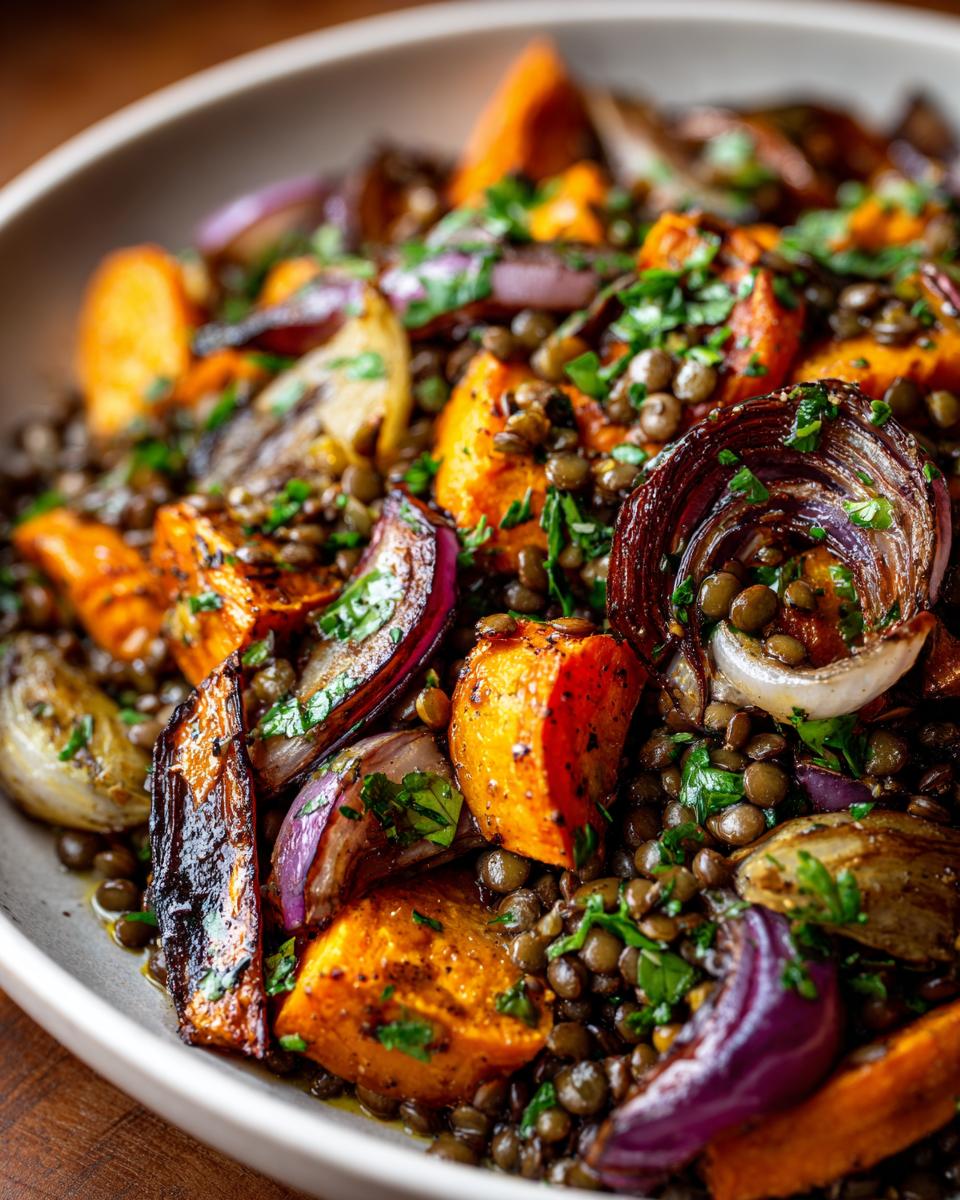 Close-up of a hearty veggie lentil salad featuring roasted sweet potatoes, caramelized red onions, and green lentils.