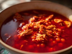Close-up of a bowl of rich, red chicken pozole soup topped with shredded chicken and hominy kernels.