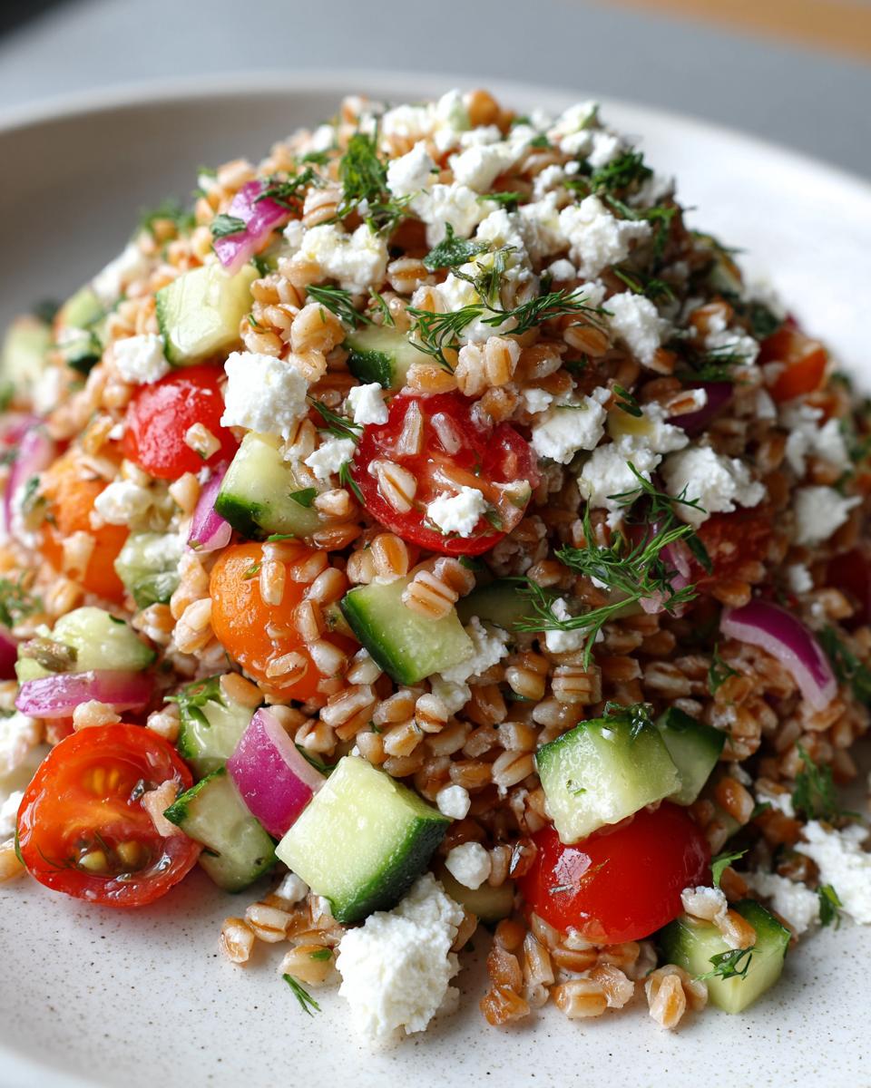 A vibrant close-up of a fresh farro salad mixed with chopped cucumbers, cherry tomatoes, red onion, and topped with crumbled feta cheese.
