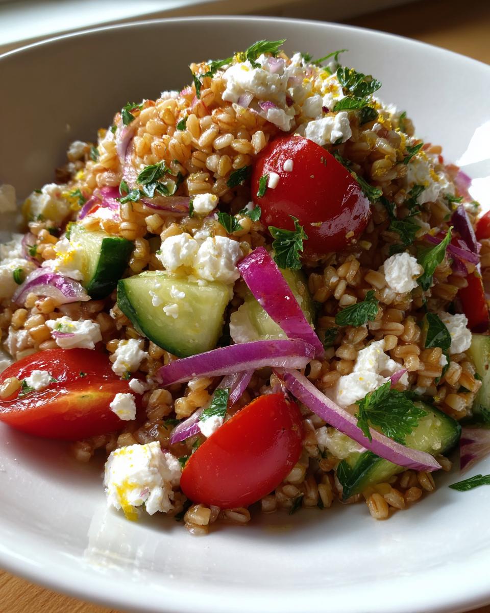 Close-up of a fresh farro salad featuring cherry tomatoes, cucumber, red onion, and crumbled feta cheese.