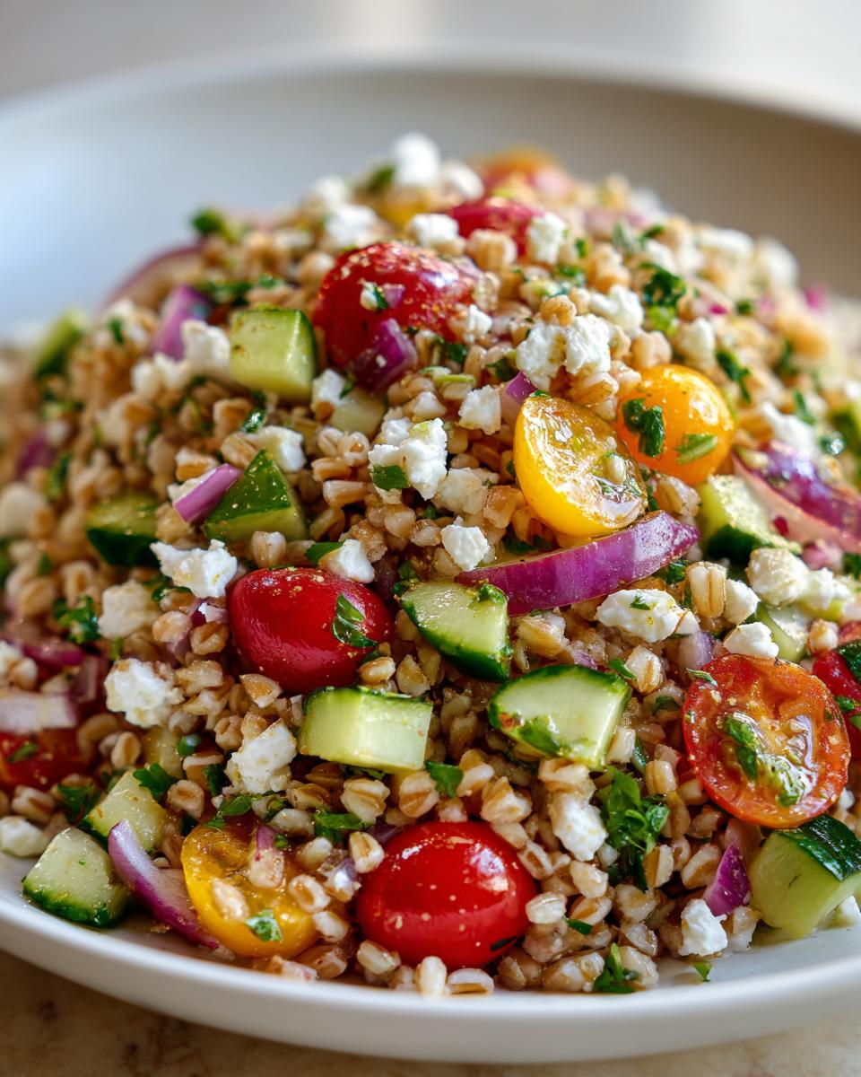A vibrant close-up of a healthy farro salad mixed with cucumber, red onion, cherry tomatoes, and crumbled feta cheese.