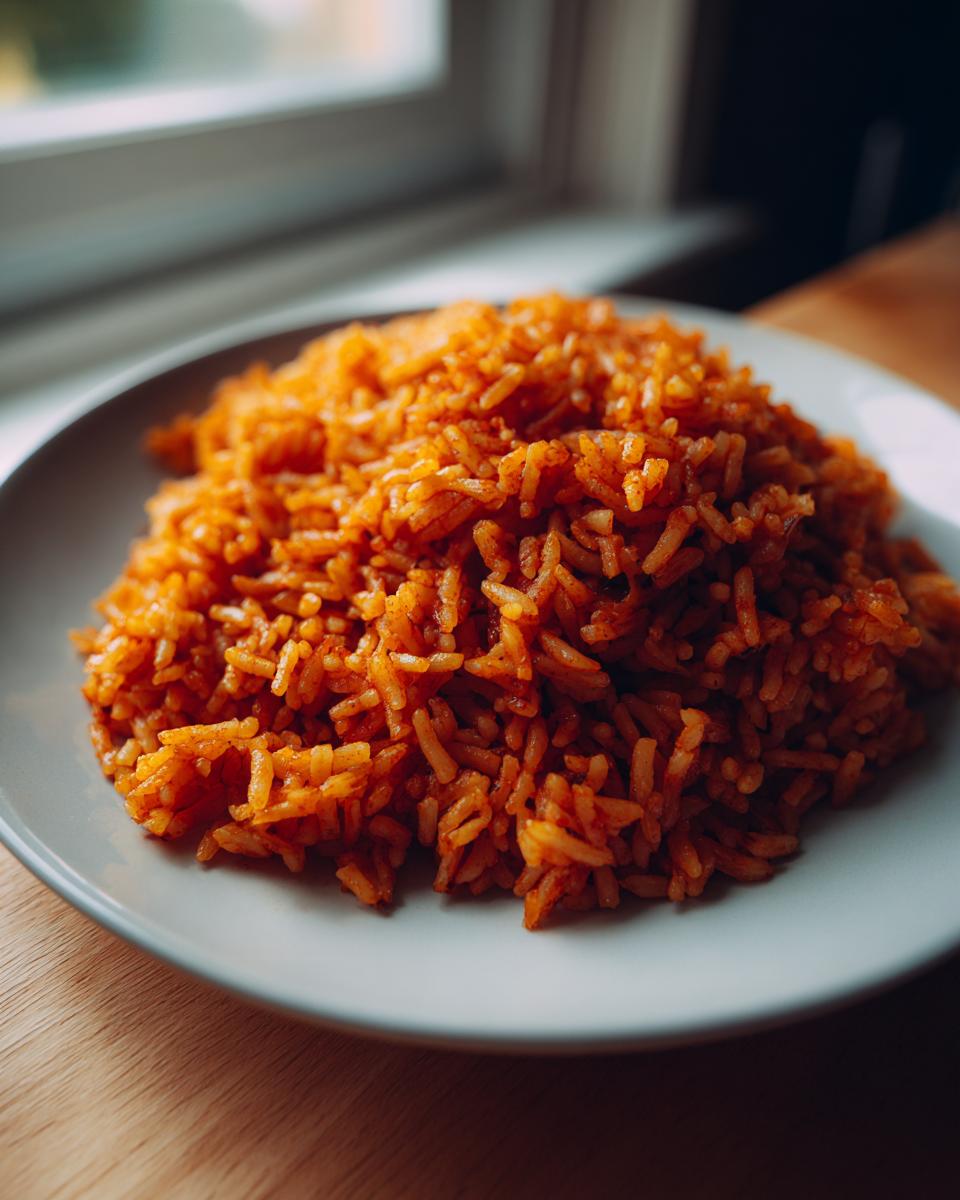 A close-up of a mound of vibrant, orange-red jollof rice served on a light grey plate near a window.