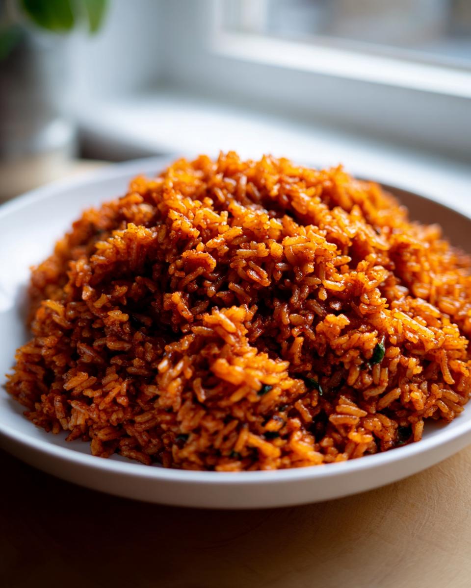 A close-up of vibrant, reddish-orange jollof rice piled high in a white bowl, ready to serve.