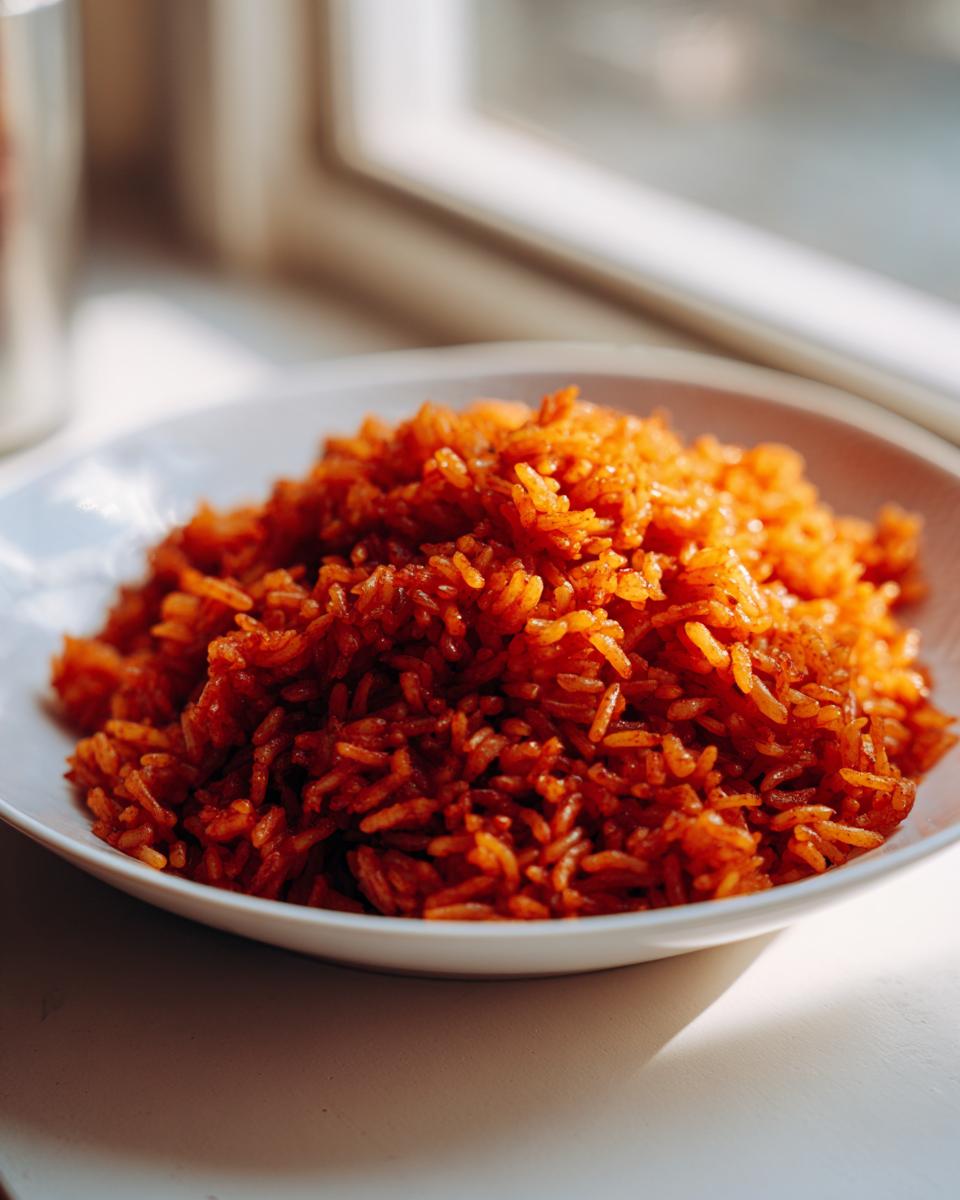 A close-up of vibrant, orange-red jollof rice piled high in a white bowl near a sunlit window.