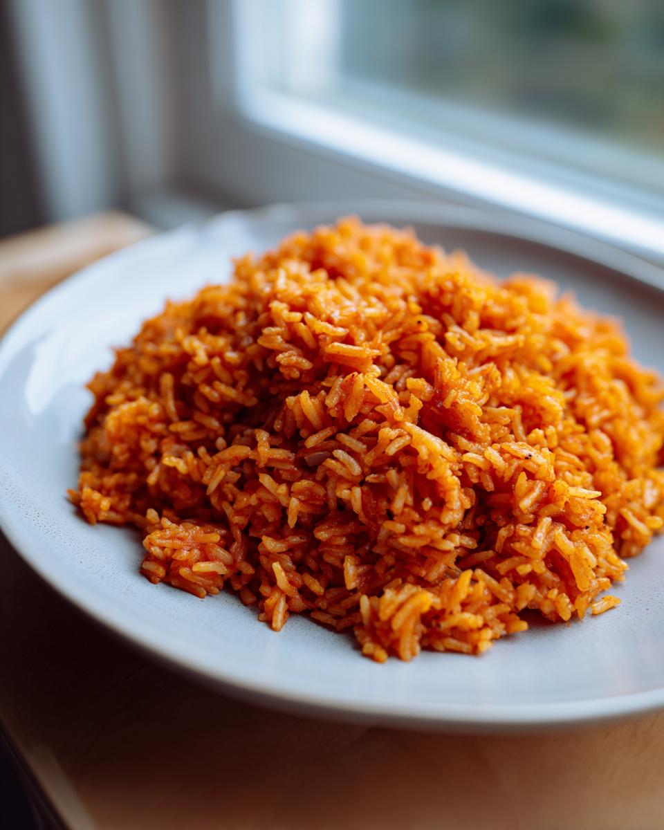 A close-up of a generous serving of vibrant orange jollof rice piled high on a light blue plate.