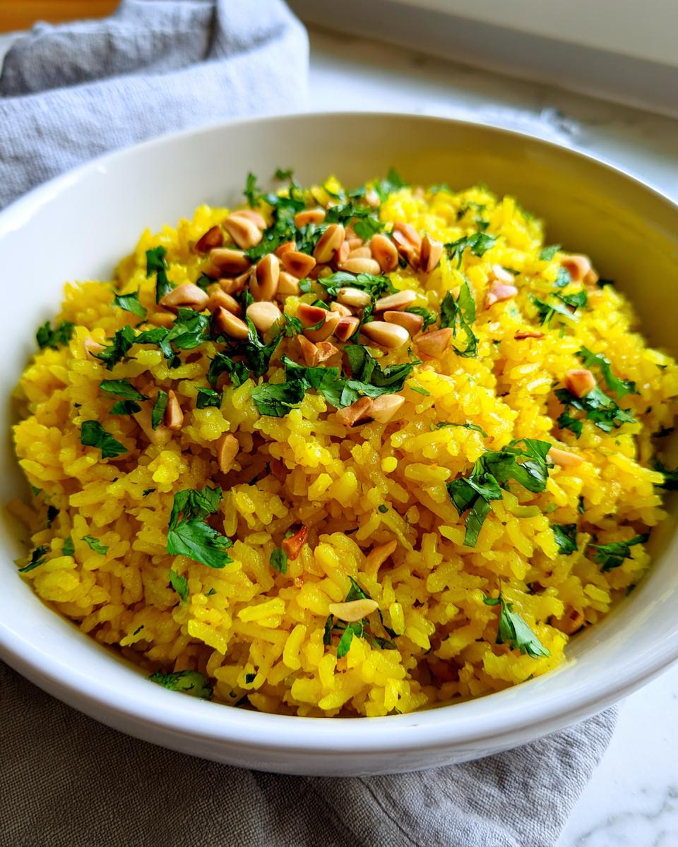 A white bowl filled with vibrant yellow mediterranean rice, topped with toasted pine nuts and fresh parsley.