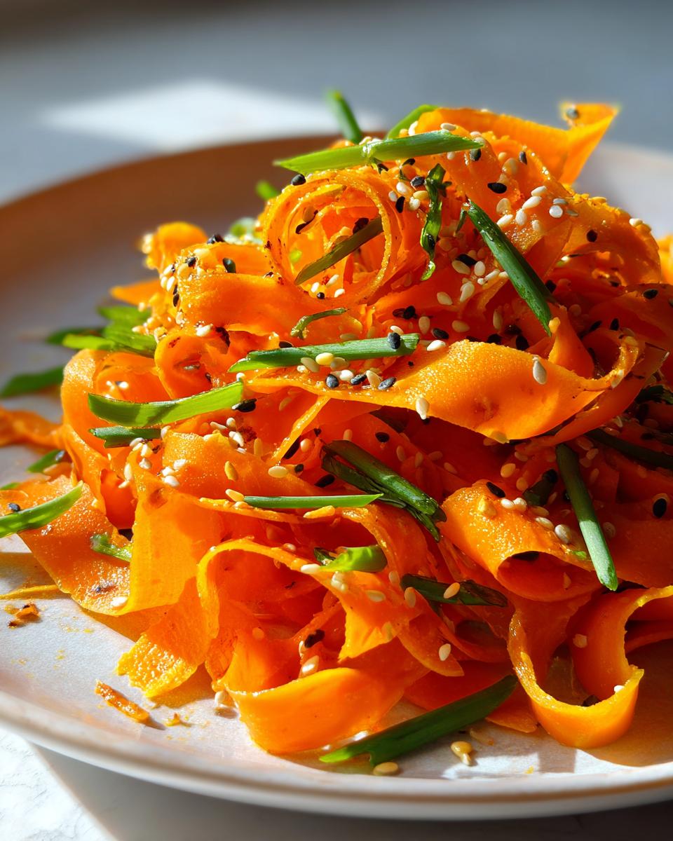 Close-up of vibrant raw carrot salad ribbons topped with sesame seeds and chopped green onions.