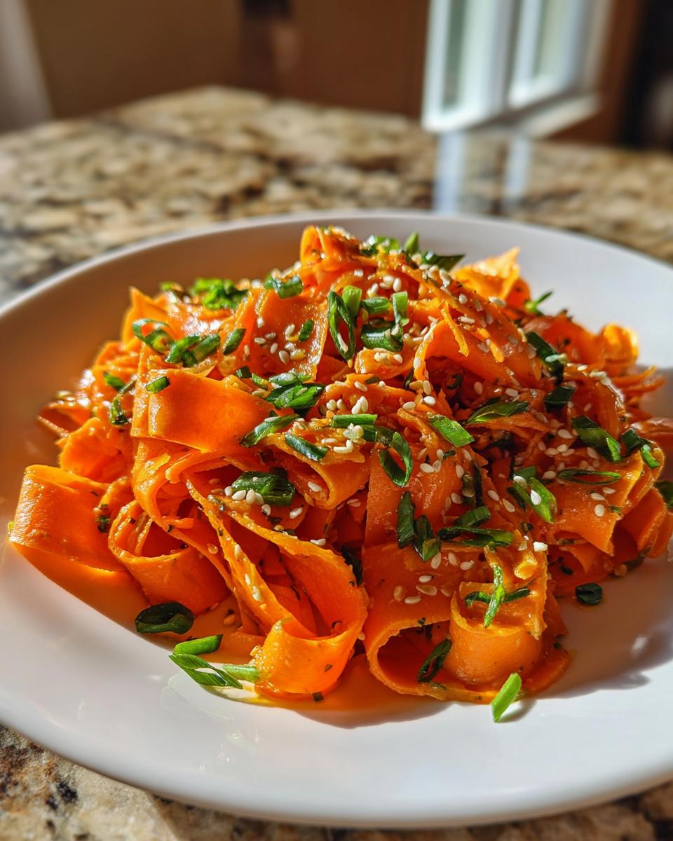 Close-up of bright orange ribbons in a raw carrot salad, topped with green onions and sesame seeds.