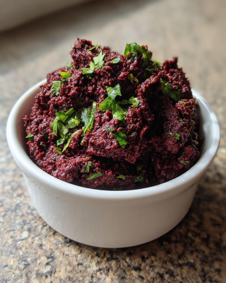 Close-up of a vibrant, dark red black bean dip topped with fresh green parsley in a small white bowl.