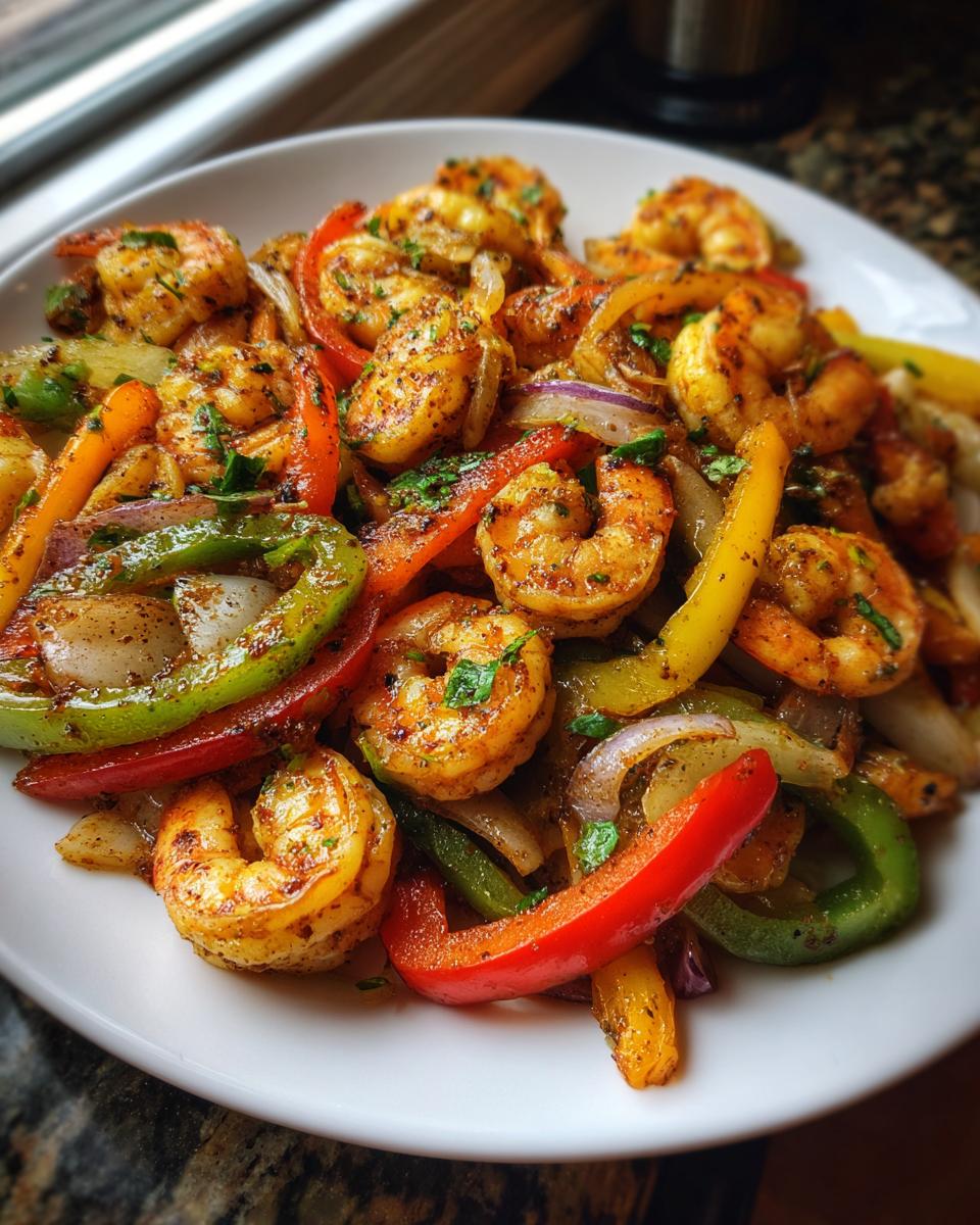 Close-up of seasoned shrimp fajitas mixed with colorful bell peppers and onions served on a white plate.