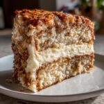 A moist slice of white German Chocolate Cake with thick cream filling and caramelized coconut pecan frosting.